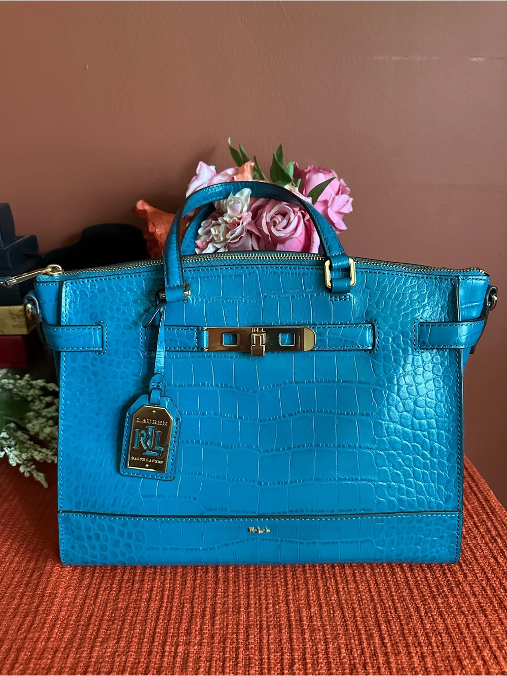 Ralph Lauren Turquoise Croc-Embossed Satchel with Gold Hardware